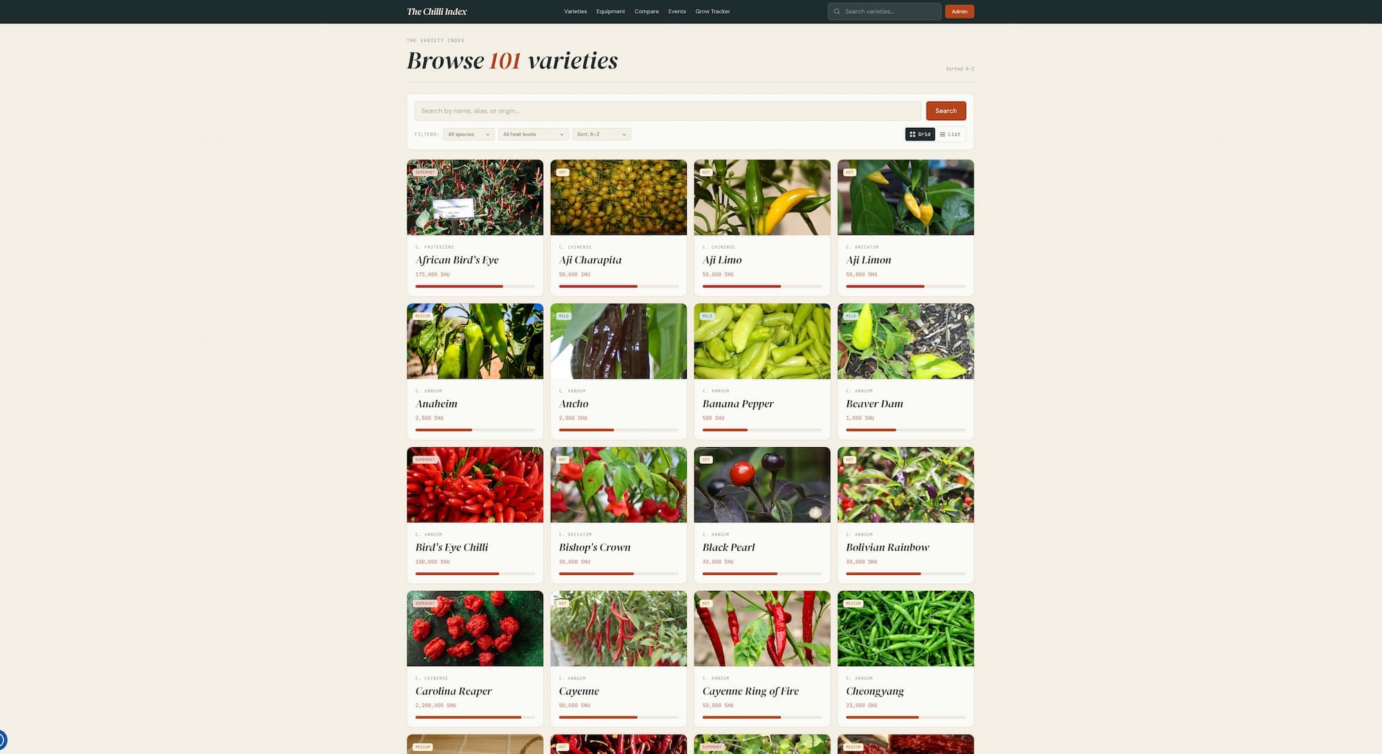 The Chilli Index browse varieties page - a grid of chilli varieties, each with a heat rating and origin