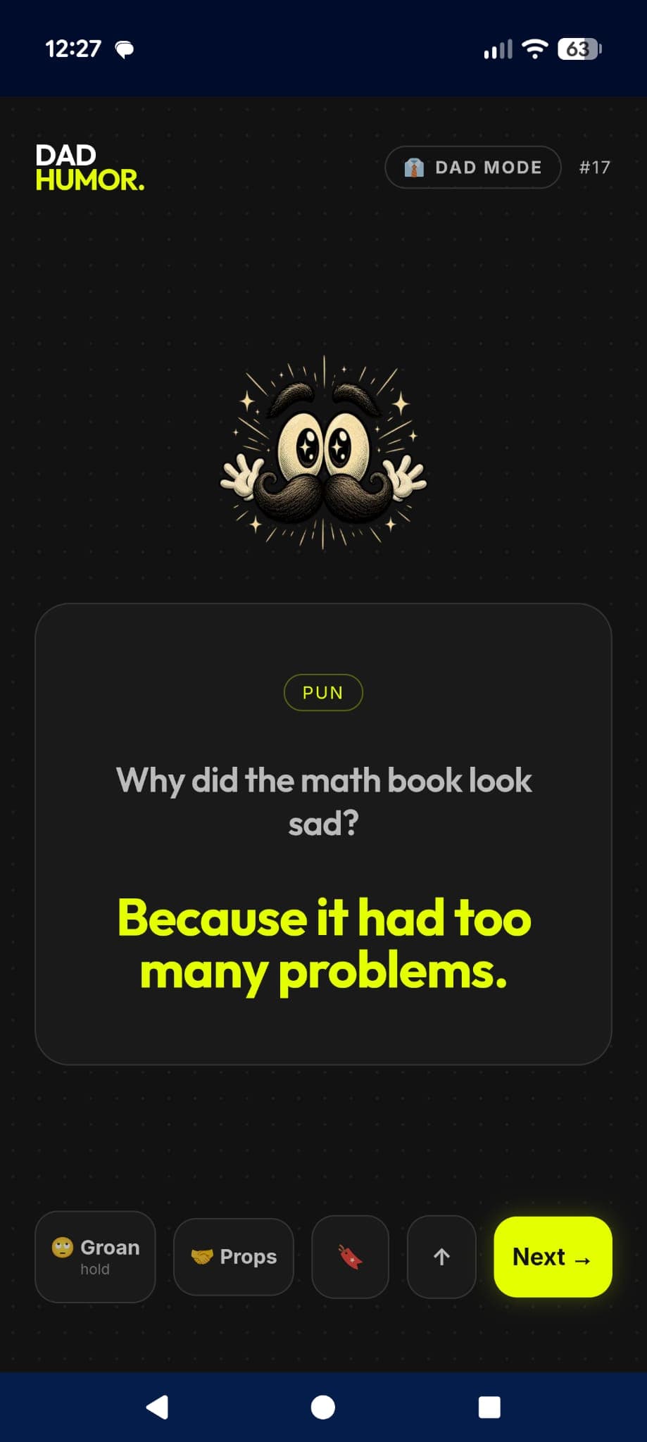 The Dad Humor app on a phone, showing a generated pun