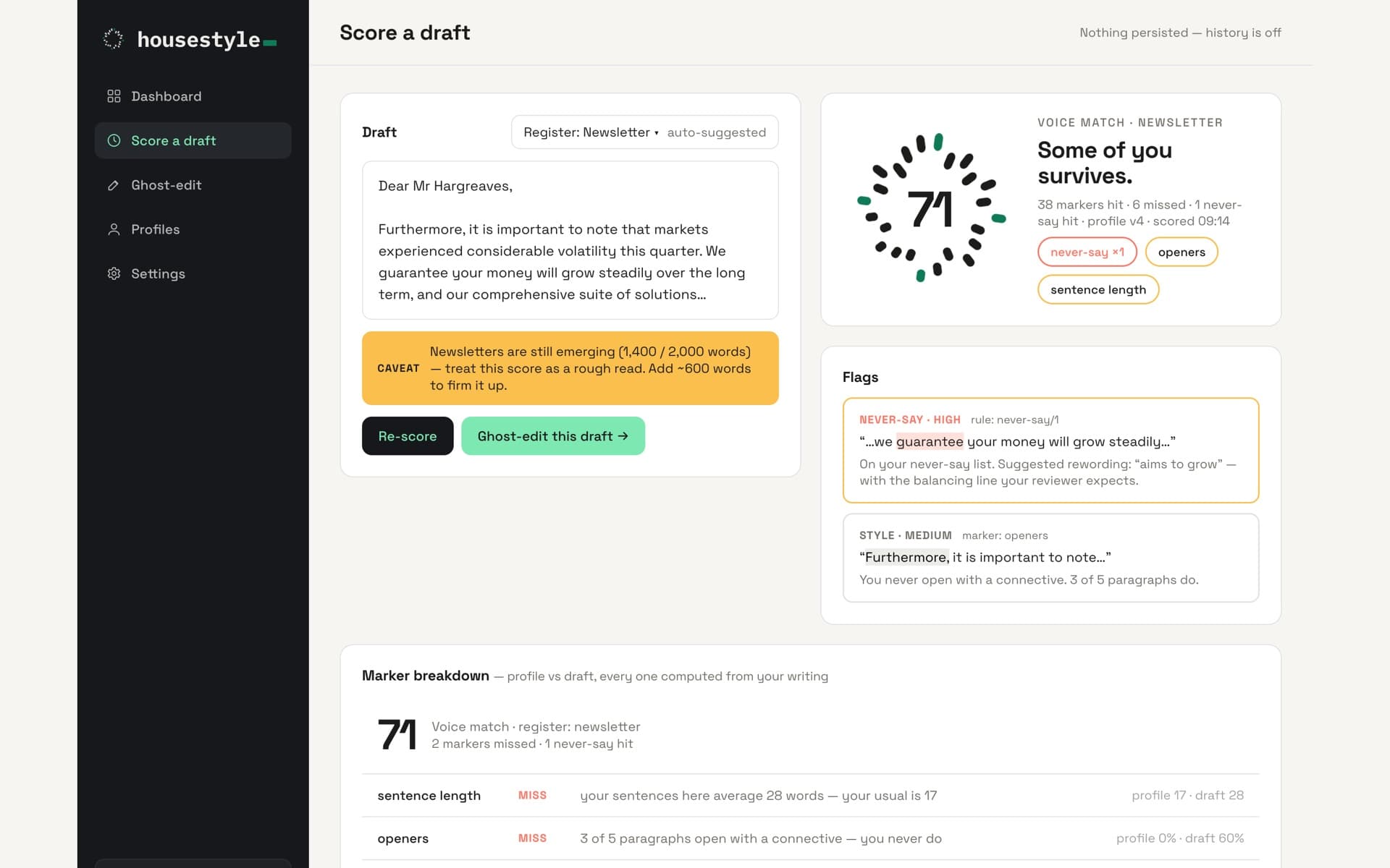 The Housestyle score screen: a draft scored 71 for voice match, with flags for a never-say word and a connective opener, each quoting the line it found and the rule it broke.