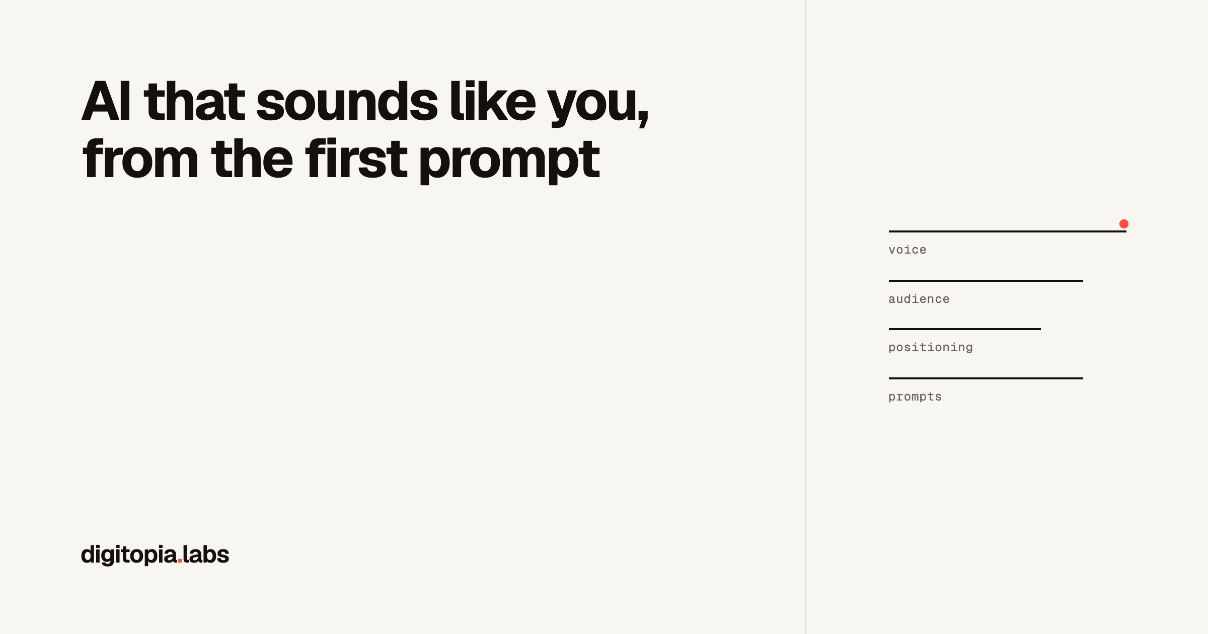 AI that sounds like you, from the first prompt - the Digitopia Labs context layers: voice, audience, positioning, prompts.